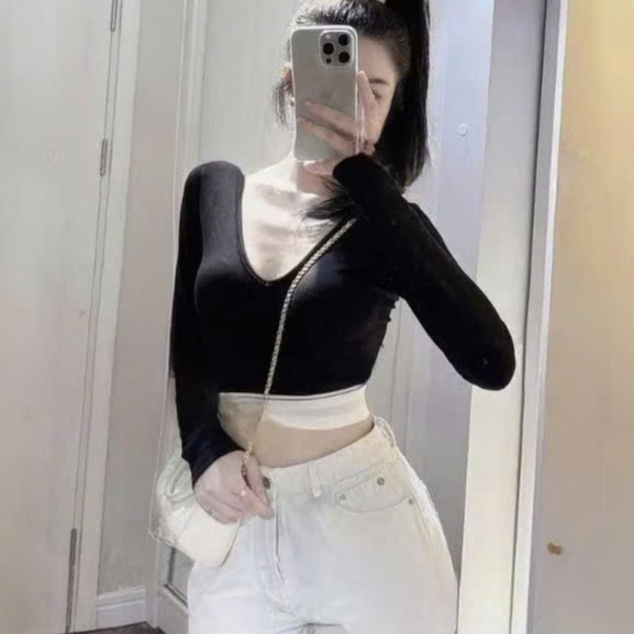 เสื้อยืดกระดาษคอยูทรงโครเชต์แขนยาวบุคลิกภาพแบบสลิม ADT013