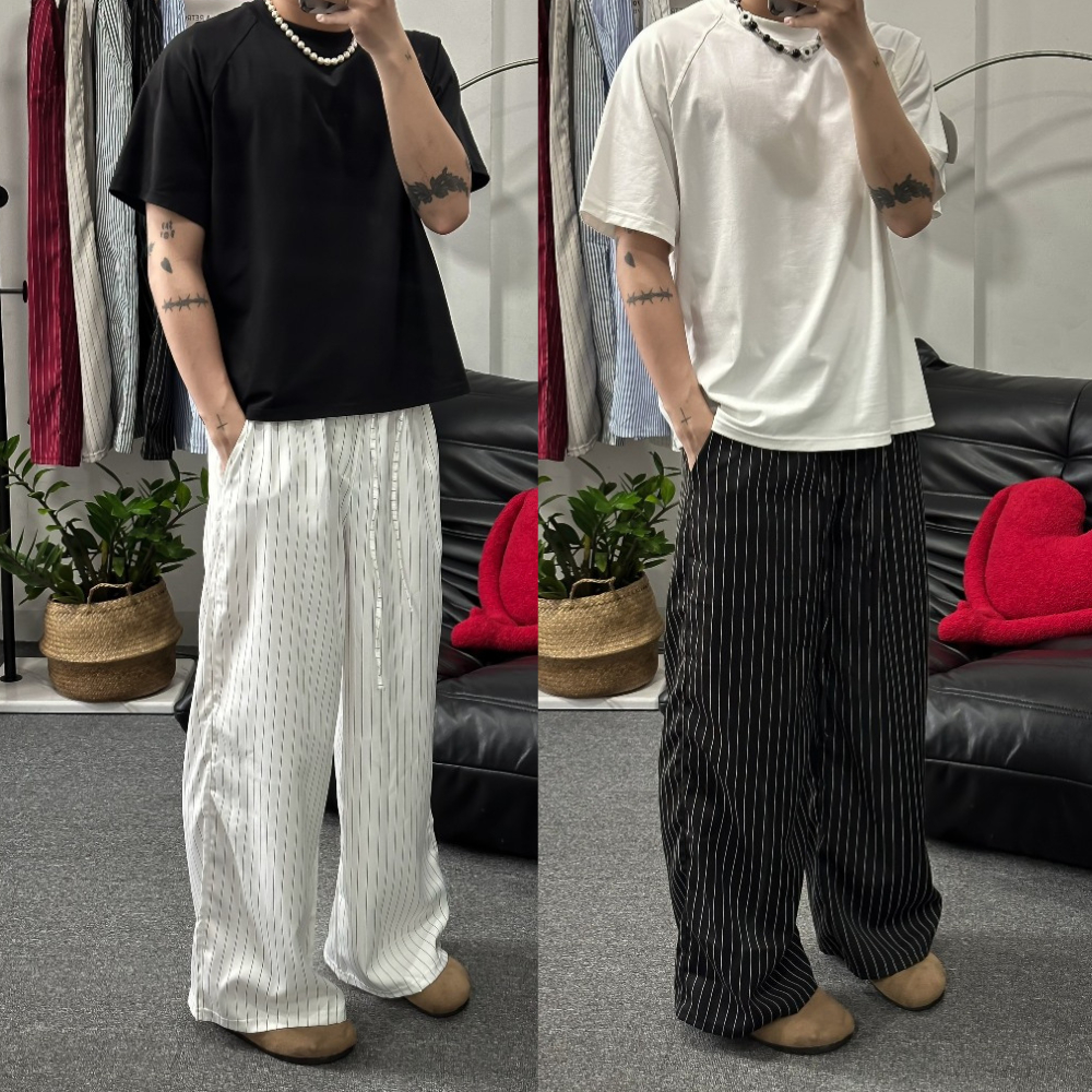 ZUTE กางเกงขากว้างลายทาง กางเกงขาตรง unisex ผ้าไม่ยับนุ่มเท่