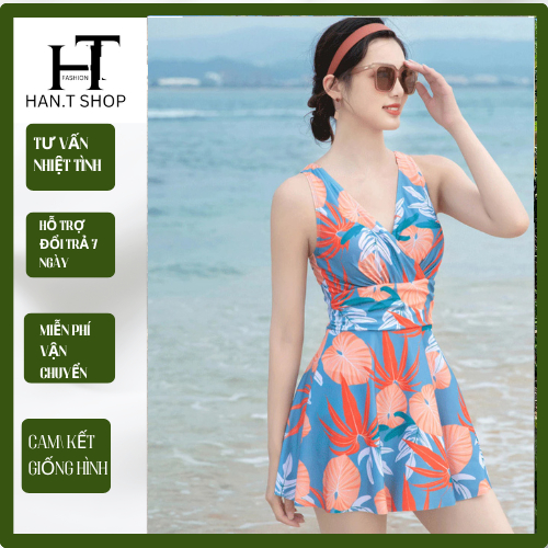 (SIZE M, L, XL) ชุดว่ายน้ําบิกินี่ผู้หญิงวันพีช, กระโปรงบานลายดอกไม้ 2 สี BIKINI HAN.T SHOP