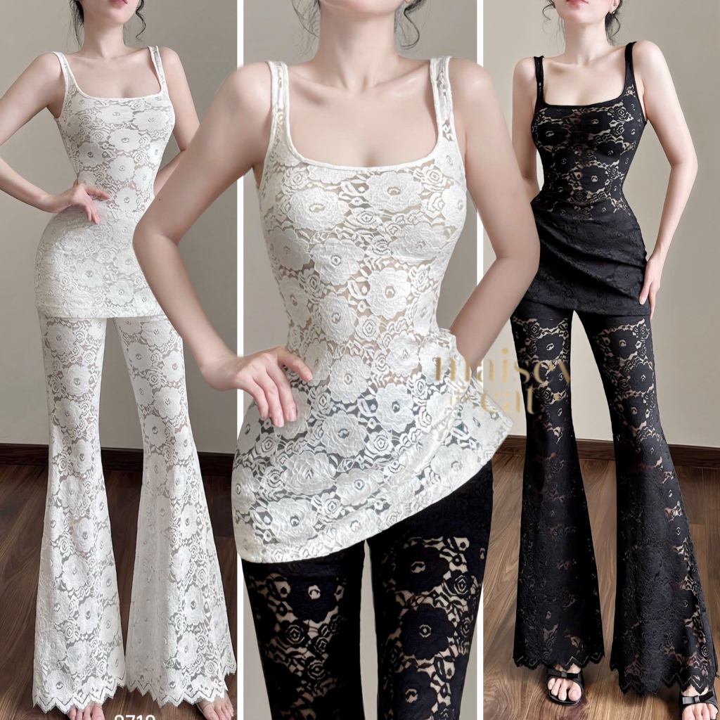 [MAISEY 2718] 2-PIECE WOMENS SET เสื้อลูกไม้ซีทรู SEE+กางเกงขาบาน