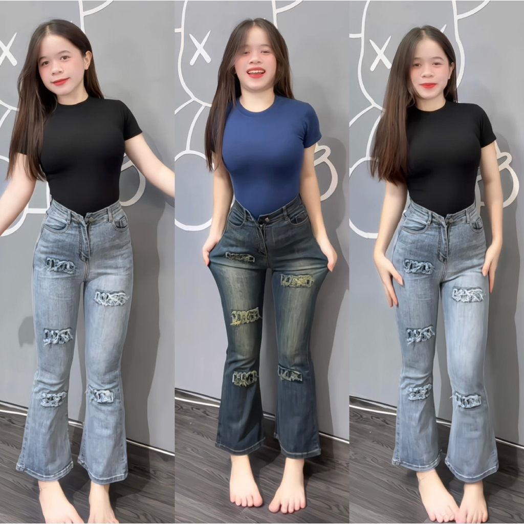 (90ซม.) กางเกงยีนส์ขาบานธรรมดาสําหรับผู้หญิง ปักโบว์ ทุกขนาด S/M/L (6057 L01 - กางเกงขาบาน) 6057
