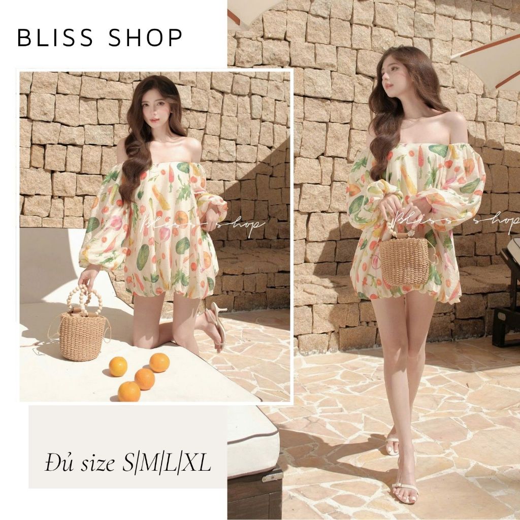 Bliss Shop เสื้อเบลาส์เปิดไหล่แฟชั่นสตรีแขนบานและลายฤดูร้อน - A602
