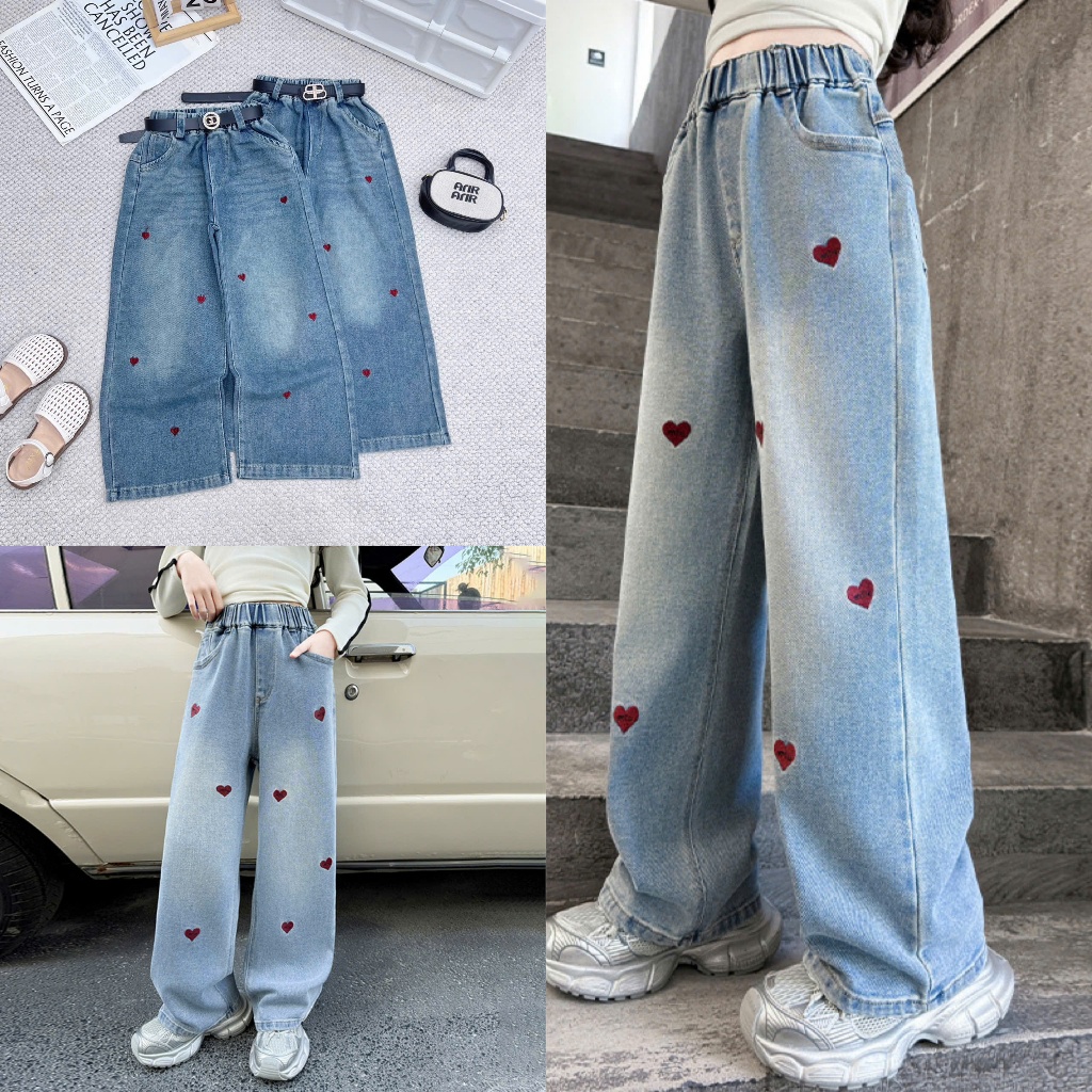 [B1607] กางเกงยีนส์ขาตรงเด็กผู้หญิง 16 -50Kg Small HEART เย็บปักถักร้อยกางเกงยีนส์ขากว้างนุ่ม Beekid