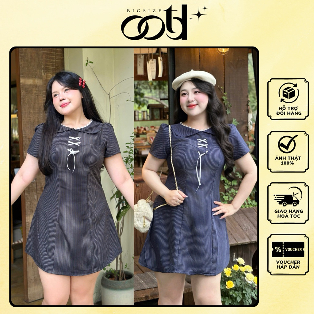 OOTD BIGSIZE - ชุดเดรสคอปกบัวลายทางทรงเอสั้น