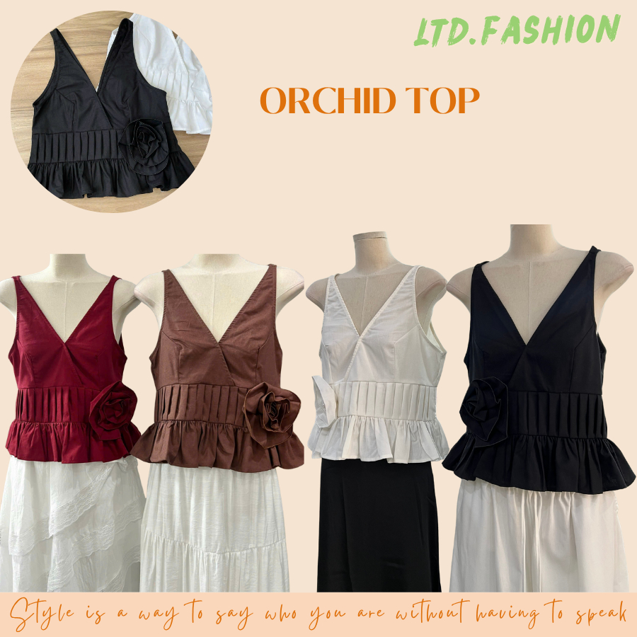 เสื้อ LINEN ด้านหน้าและกลับ V-NECK พร้อมกุหลาบใหญ่ - LTD.FASHION - ORCHID TOP