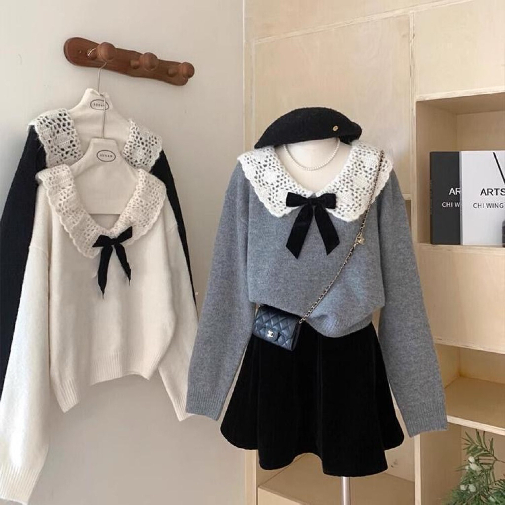 มีจําหน่าย-Real Shop PhotosBow Collar Sweater, Lady Style, Womens Sweater ทําจากขนสัตว์หนาสวย