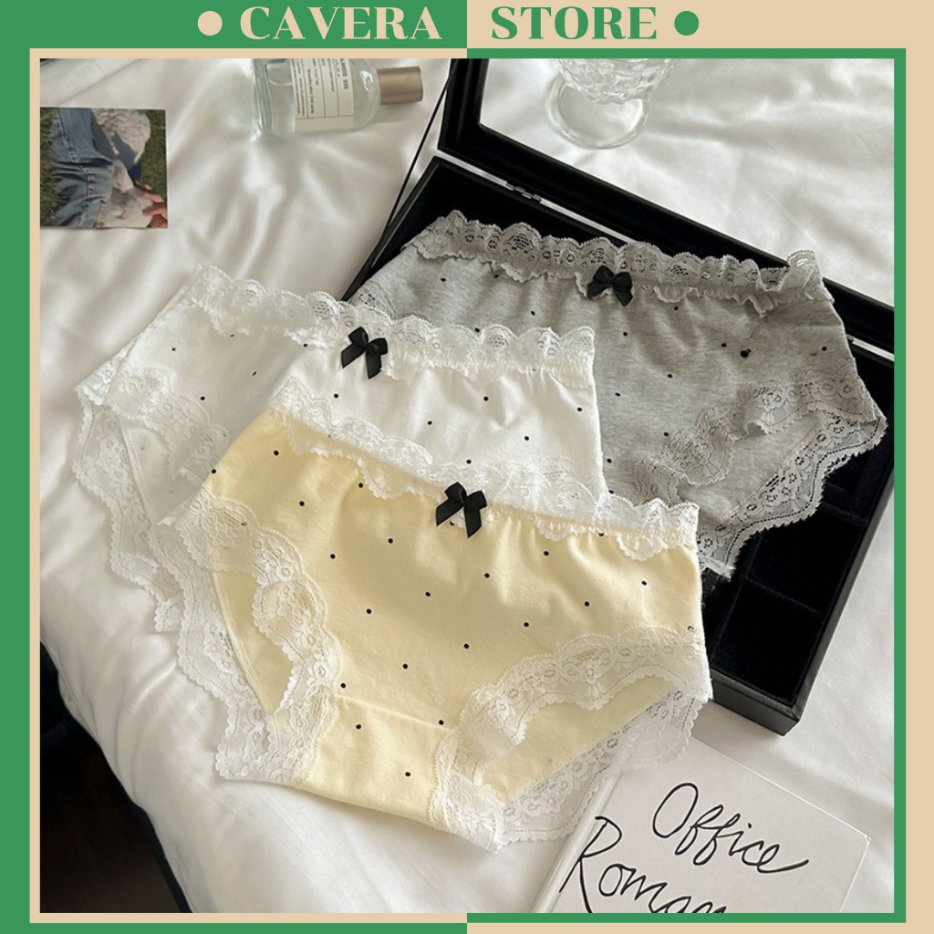 กางเกงชั้นในโบว์ลูกไม้ผ้าฝ้ายสําหรับสุภาพสตรีน่ารักถุงน่องลายจุดลูกไม้นุ่มและระบายอากาศ CAVERA L.541