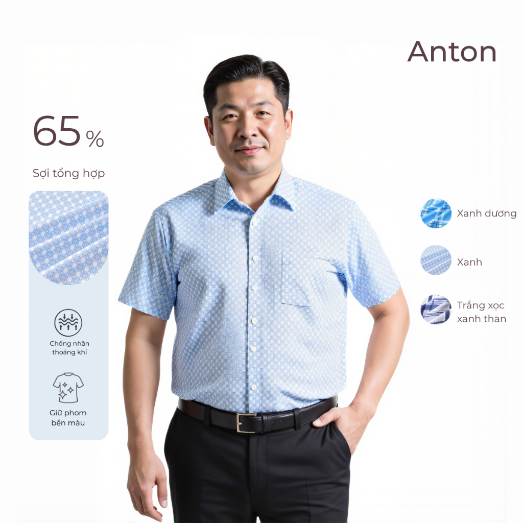 Anton Somianton Middle-Aged เสื้อเชิ้ตสํานักงานผู้ชายแขนสั้นผ้าฝ้ายลายตารางหมากรุกสีฟ้าและสีขาวขนาดเ