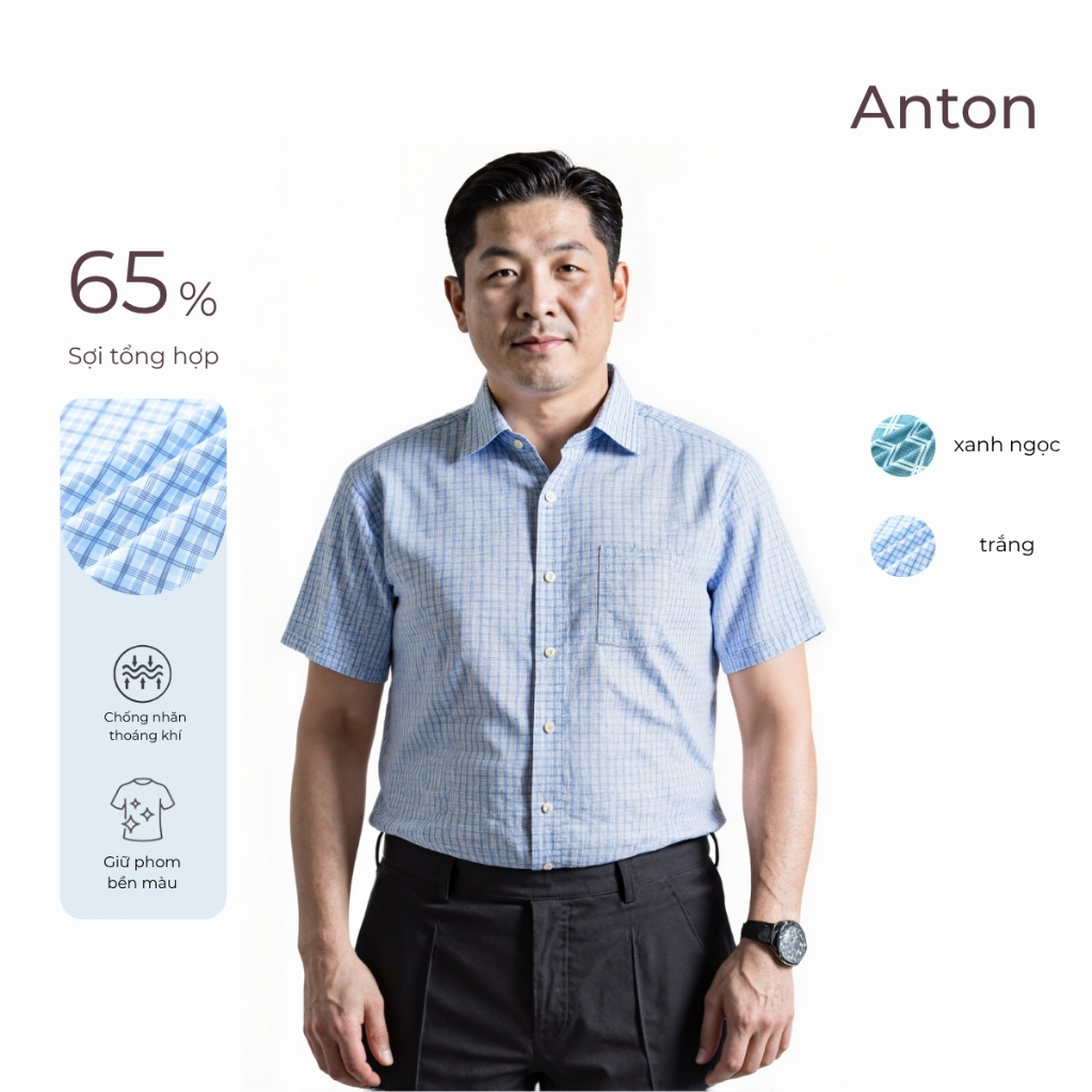 Anton Somianton Middle-Aged เสื้อเชิ้ตสํานักงานผู้ชายแขนสั้นเสื้อเชิ้ตลายตารางหมากรุกสีฟ้าและสีขาวขน