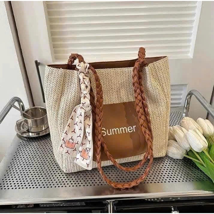 Bao Store กระเป๋าแฟชั่นกก กระเป๋าถือสําหรับออกไปข้างนอก ขนาด 35cm หนังกก พร้อมผ้าพันคอไหม - TXN147