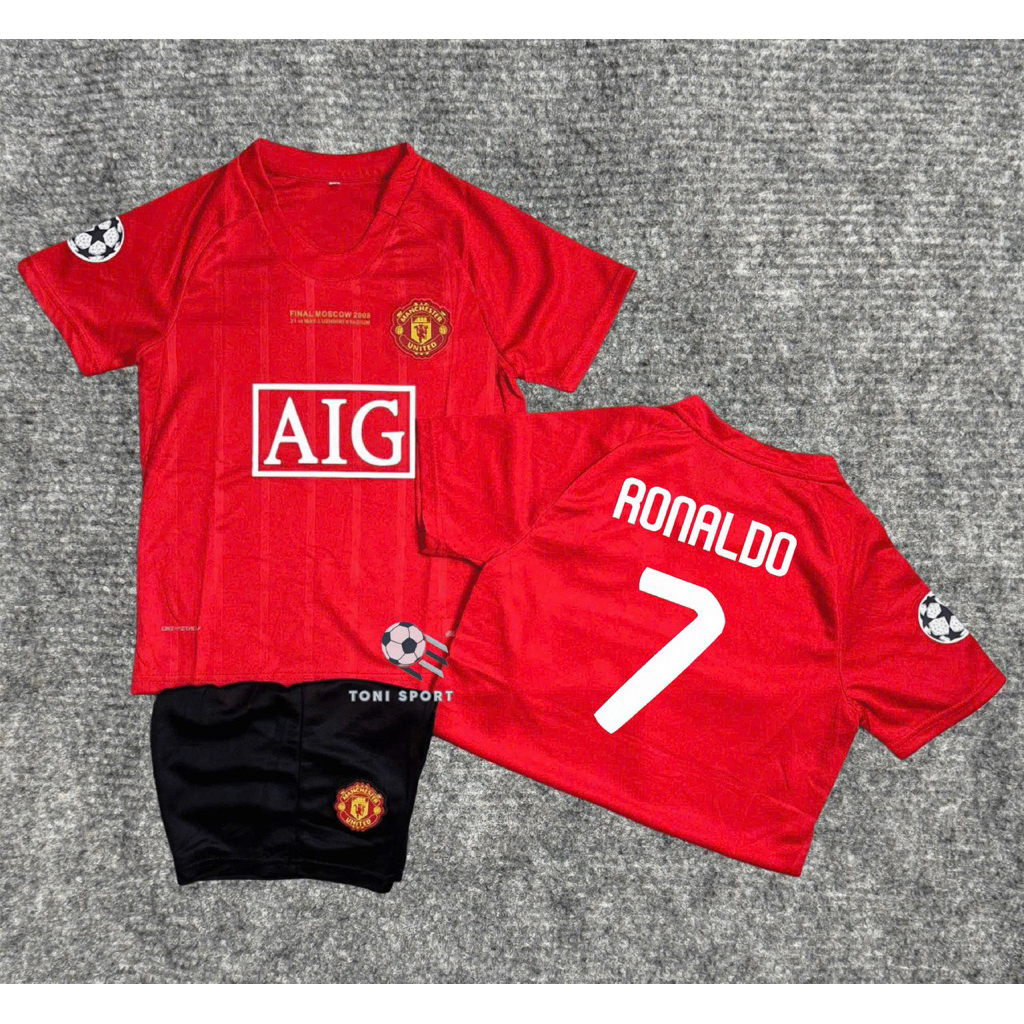 MU AIG Club ชุดฟุตบอลเด็ก (กางเกง+เสื้อ) ใน Ronaldo No. 7 - ผ้าสักหลาดไทยระบายอากาศคุณภาพสูง