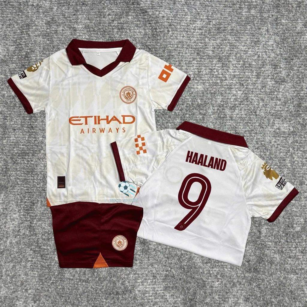 ชุดบอลเด็ก Man City Club (กางเกง+เสื้อ) เยือนใน Haaland No. 9 - ผ้าสักหลาดไทยระบายอากาศคุณภาพสูง
