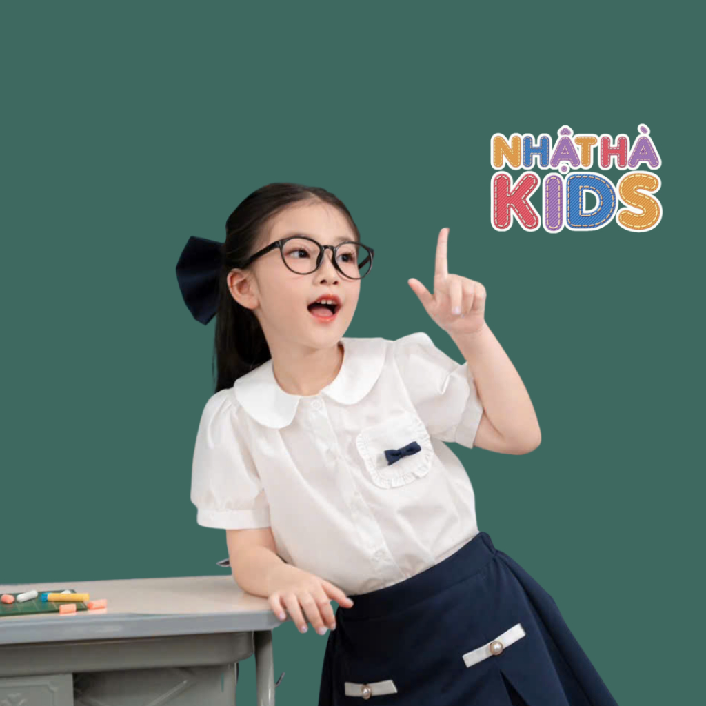 เสื้อเชิ้ตเด็กผู้หญิงขนาดตั้งแต่ 14-45 กก. G8, C1, C3 Nhat Ha Kids, ดีไซน์คอระบายพร้อมโบว์, ผ้าไหมญี