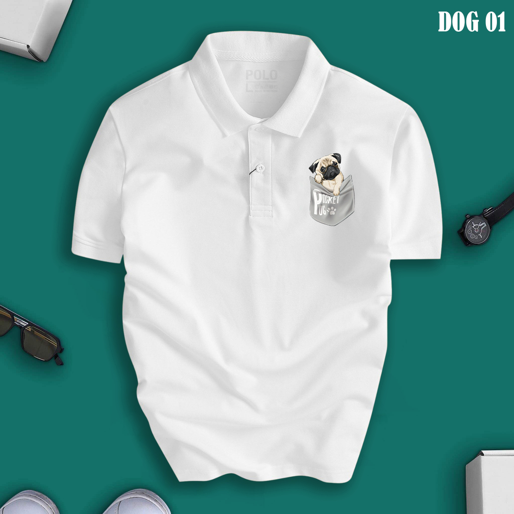 PUG DOG เสื้อยืดโปโลผู้ชายคอปกเปิด หรูหราหรูหรา หนังจระเข้ CVC