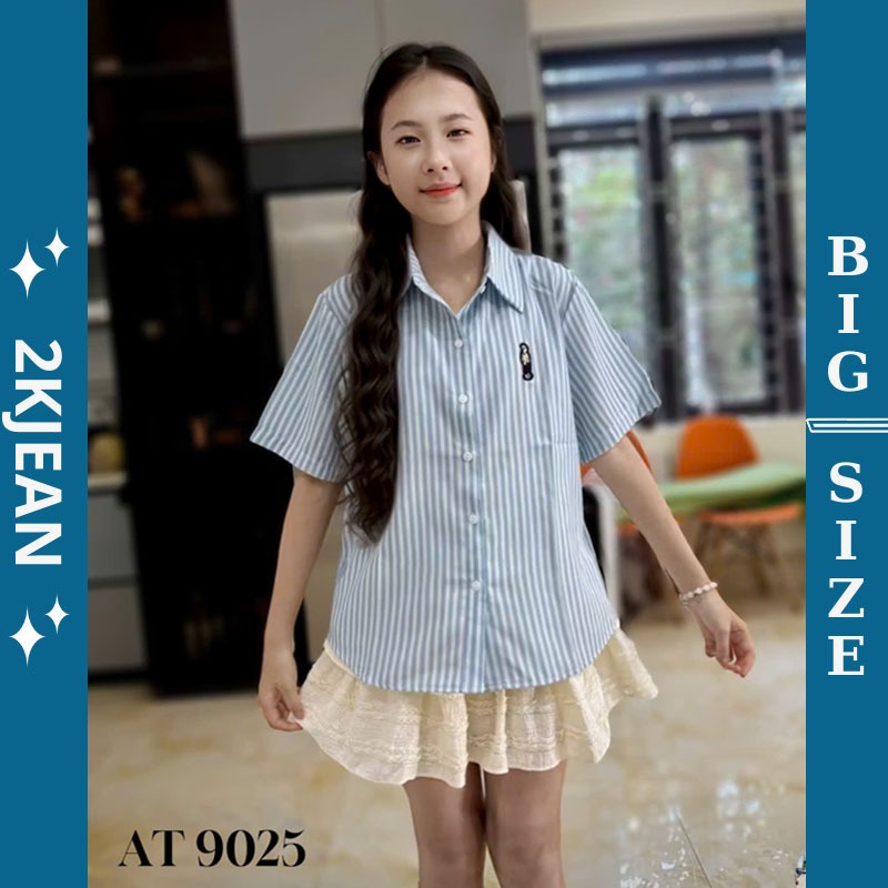 เสื้อเชิ้ตแขนสั้นลายทางไซส์ใหญ่ 55กก.-90กก. ผ้าลินินลายทางหนาแท้สําหรับออกไปข้างนอกหรือไปโรงเรียน AT