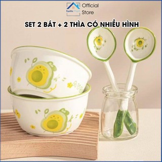 Bát Sứ 4 Món Dễ Thương Gồm 2 Bát + 2 Thìa, Bát Ăn Cơm Cute Hình Nơ, Bơ,  Heo Hồng, Ca-py-bara, Gấu Bear