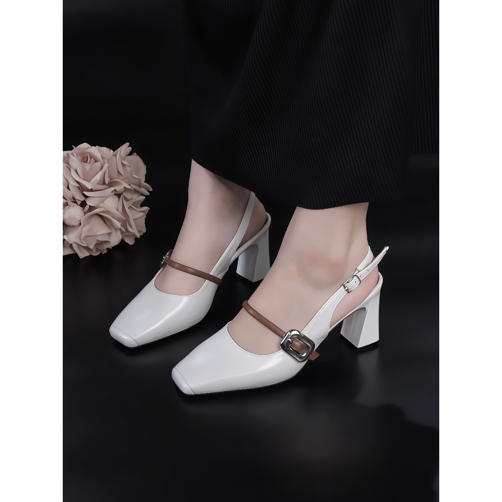 รองเท้าแตะผู้หญิง Square Toe Silver Square Buckle Heel 5cm 5P 7cm 7P - SandalkhoaBAC