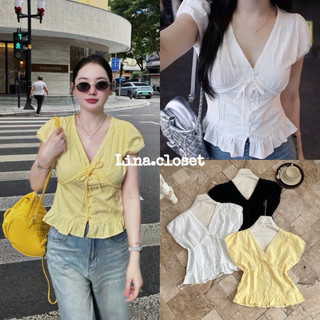 Áo Sơ Mi Kiểu Nữ Cổ V Phối Viền Ren Cúc Bọc Thắt Nơ 3 Màu Siêu Xinh PTP