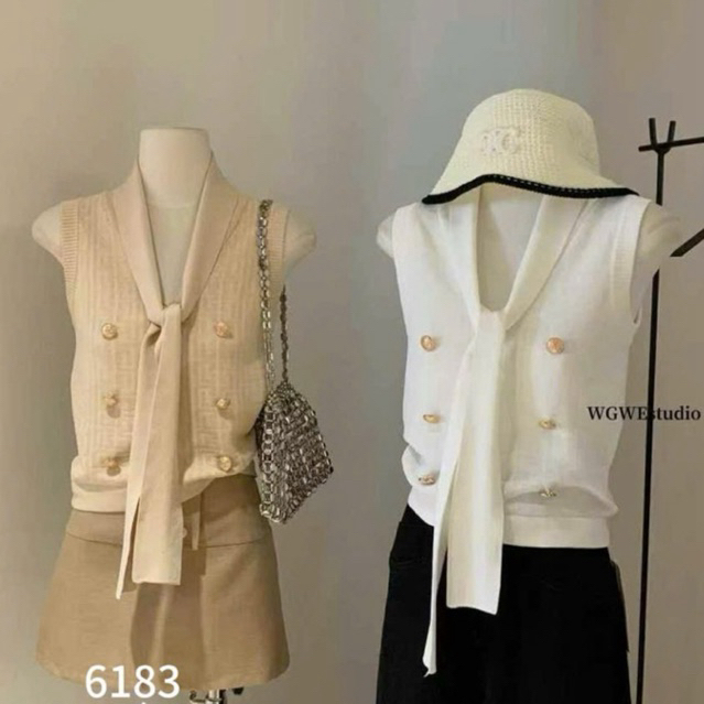 WGWE• เสื้อสเวตเตอร์แขนกุด mtg กระดุมทองแดงและคอปกสาย 6183 wgwe QC สินค้าฟรีไซส์