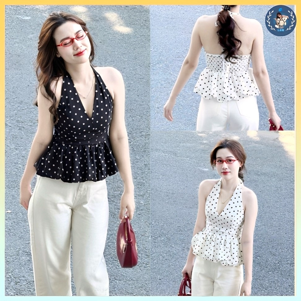 [A430] เสื้อเชิ้ตผู้หญิงคอปกลายจุดขอบบานและเอวยางยืดให้หุ่นน่ารัก เทรนด์มาแรง - L2M