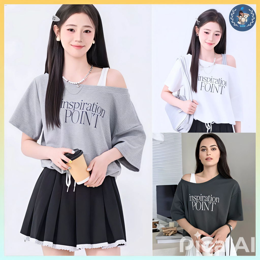 [A435] SET OF 2 HALF-FRONT BREAST SHIRT คอกลม และตัวอักษร POINT เสื้อครอปปาดไหล่สุดน่ารัก - L2M