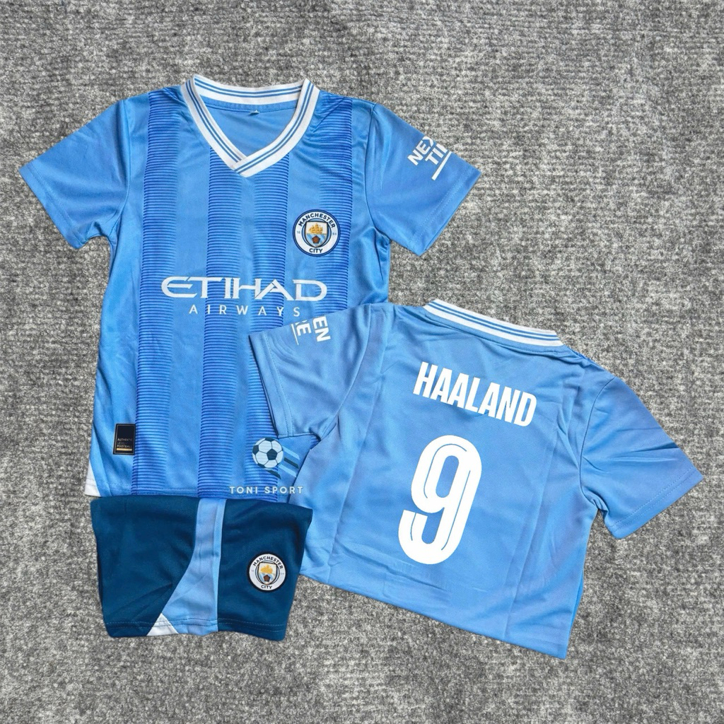 ชุดบอลเด็ก MAN CITY/Home Club (กางเกง+เสื้อ) ใน Haaland No. 9 - ผ้าไทยงาพรีเมี่ยม