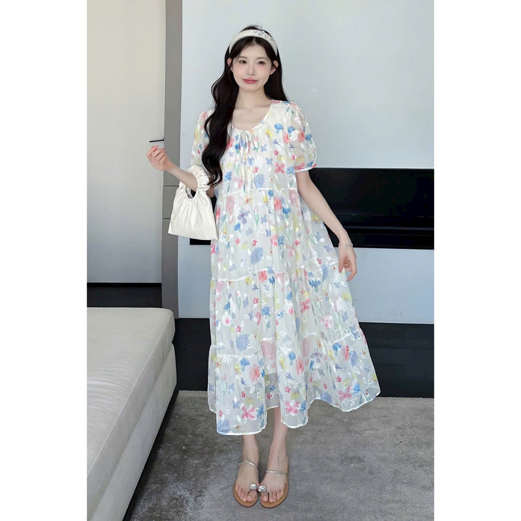 ฤดูร้อนชุดแขนสั้นชีฟองรอบคอแขนยาวน่ารัก Feminine 2 ชั้นผ้า Party Wear HR