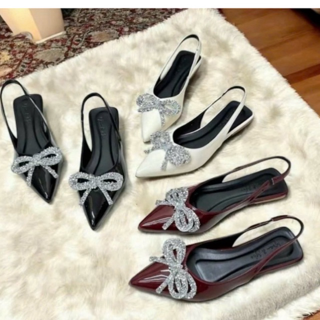 TOMI_A9 รองเท้าส้นแบนหัวแหลมมีโบว์หินหรูหรา - Bigsize พื้นแบน (35-46)