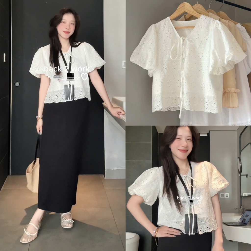 (OLDSCHOOL PHOTO) เสื้อเชิ้ตผู้หญิง babydoll มีกระดุมและแขนพัฟหรูหรา LALIN TOP