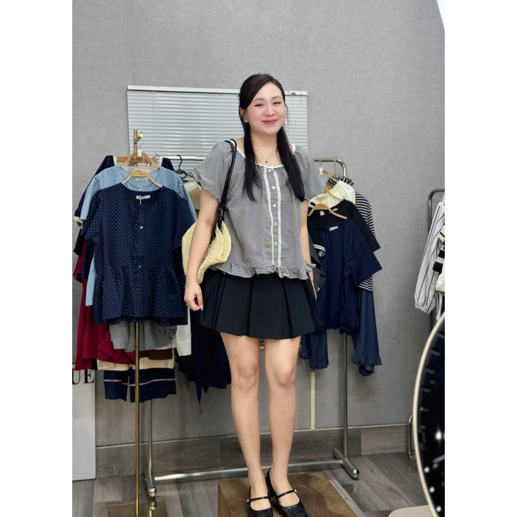 เบลเซอร์ลายตารางสีเขียวถ่านแขนพัฟ ขนาดใหญ่ (21264)