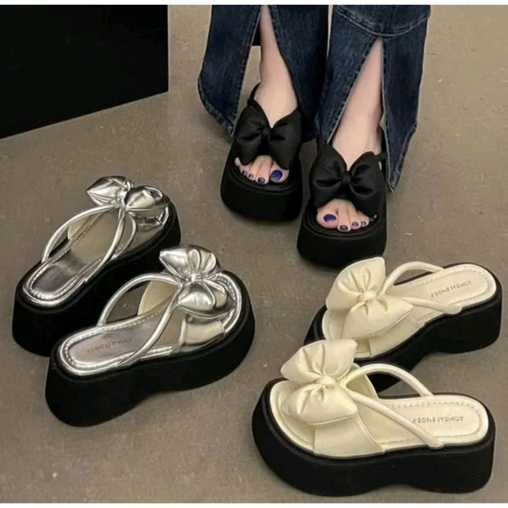 หนังคุณภาพสูงที่สวยงาม 7CM BOW STRAP SLIPPERS tcn1