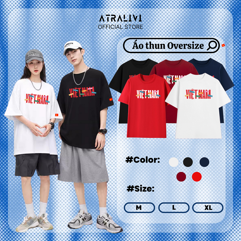 เสื้อยืดโอเวอร์ไซส์ลายหลวมพิมพ์ลายคํา VIETAM ในเมือง ATRALIVI OVS-35 ผ้าคอตตอนคุณภาพสูงอ่อนเยาว์
