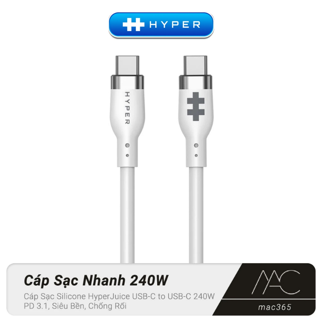 HyperJuice สายชาร์จซิลิโคน USB-C ถึง USB-C 240W, PD 3.1, ทนทานเป็นพิเศษ, Tangle-Free สําหรับโทรศัพท์