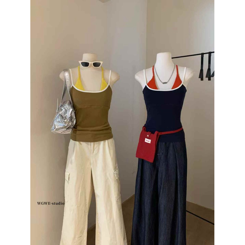 (มีสีเทา:S/ Bar blue: S,M) WG.WE | เสื้อเกาะอก2สายพร้อมบราคล้องคอพร้อมแผ่นซับน้ํานม-4สีไม่ซ้ํากัน