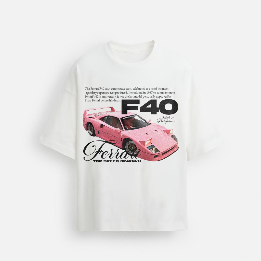 เสื้อยืด Unisex สําหรับผู้ชายและผู้หญิงพิมพ์ลายรถ Ferrari F40 สีขาว vitage y2k