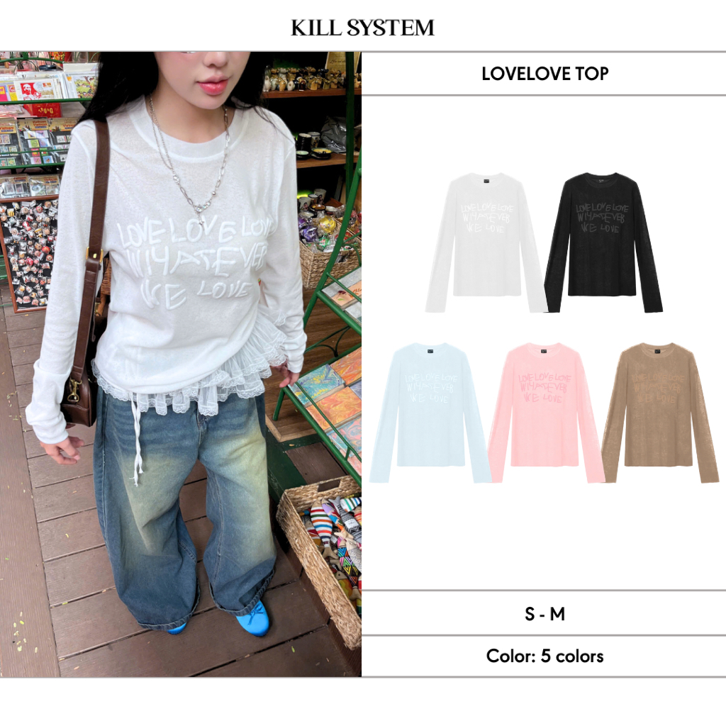 KILL SYSTEM - LOVELOVE เสื้อยืดแขนยาวซีทรูพิมพ์ลายนูนผู้หญิง