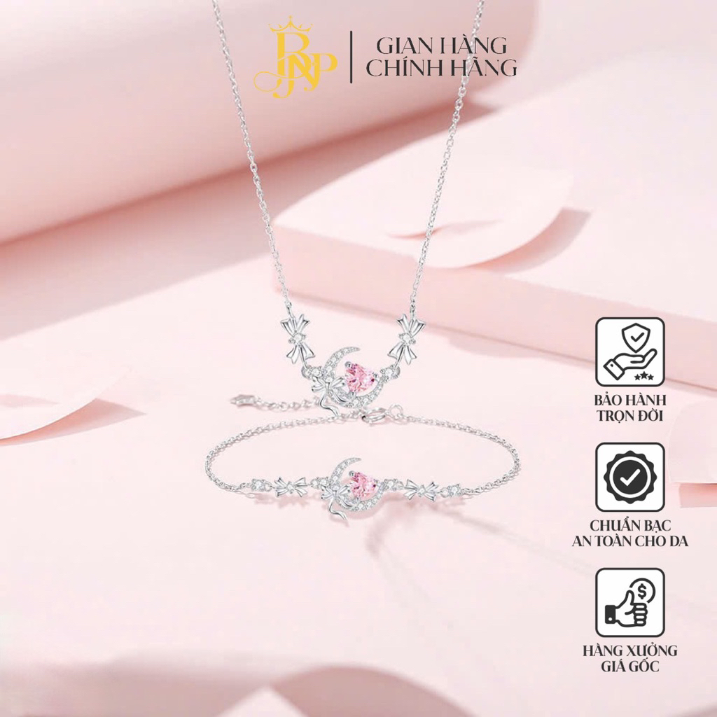 BNP สร้อยคอและสร้อยข้อมือหินสีชมพู Combo วัสดุสีเงินสําหรับผู้หญิง