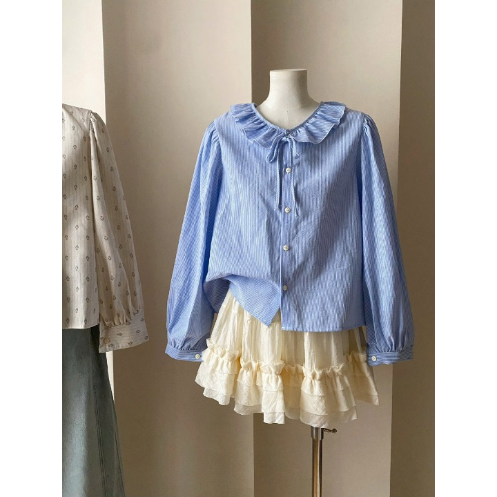 เดรสผ้าลายทางแขนยาวคอปกระบายผูกโบว์ XONXEN SHOP PCT รหัส A726