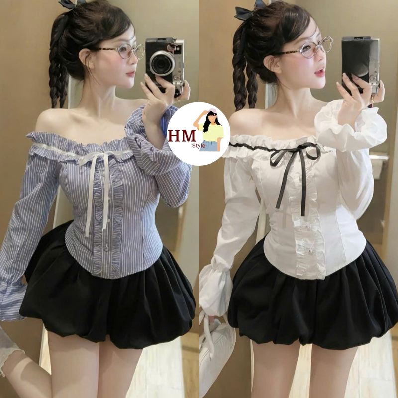 Lady dress Set เสื้อปาดไหล่แขนพองผูกโบว์ระบายพอง CV HB626 HMStyle