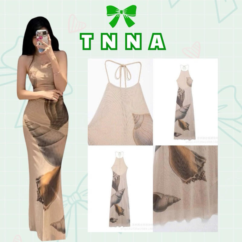 Tna_เดรสแม็กซี่บอดี้เว้าหลังคล้องคอลายเปลือกหอย(มีซับใน)