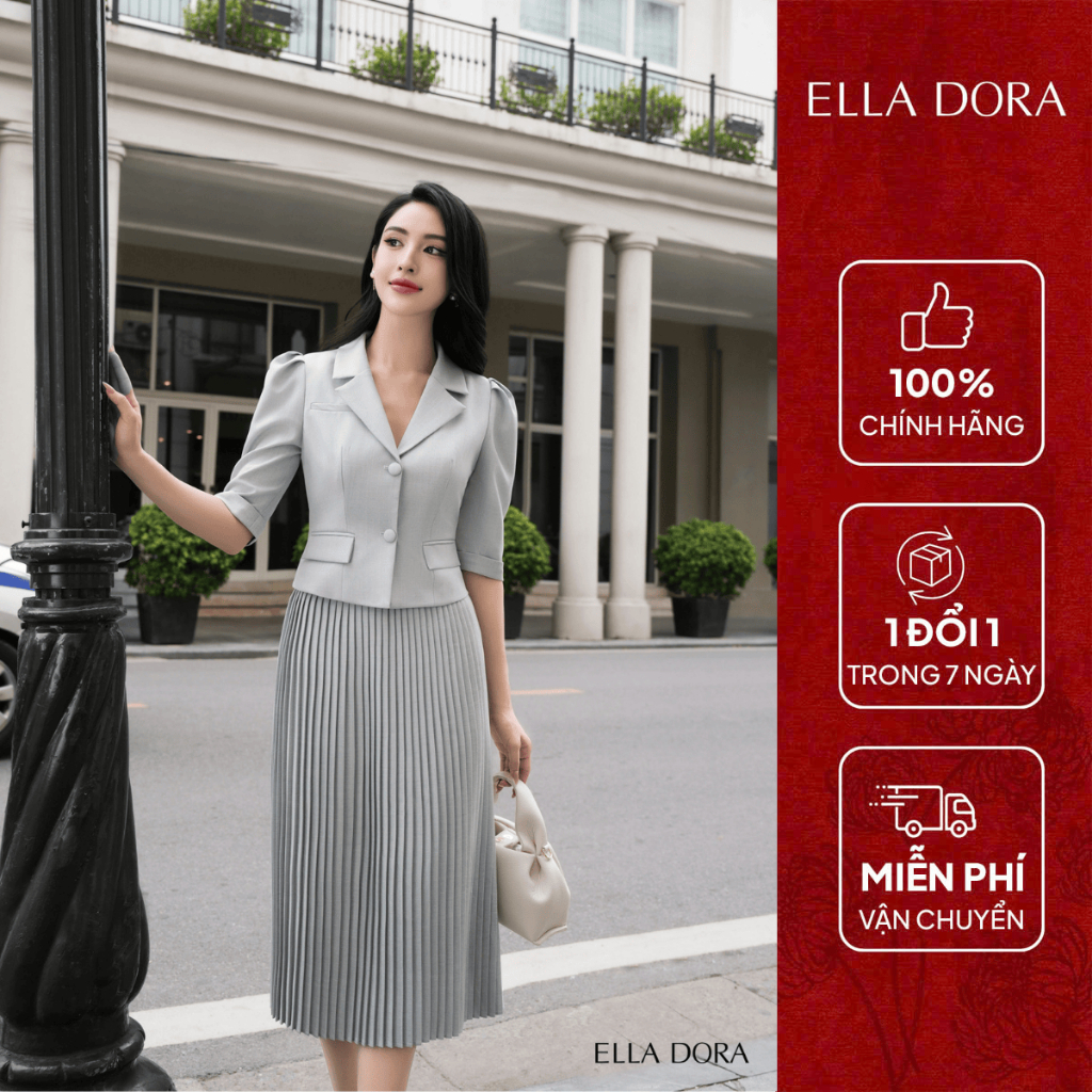 ชุดเดรสออฟฟิศ ELLA DORA เซตคอปกและแขนหลวมผสมผสานกับกระโปรงจีบยาวหรูหรา [AK22+CLT06]