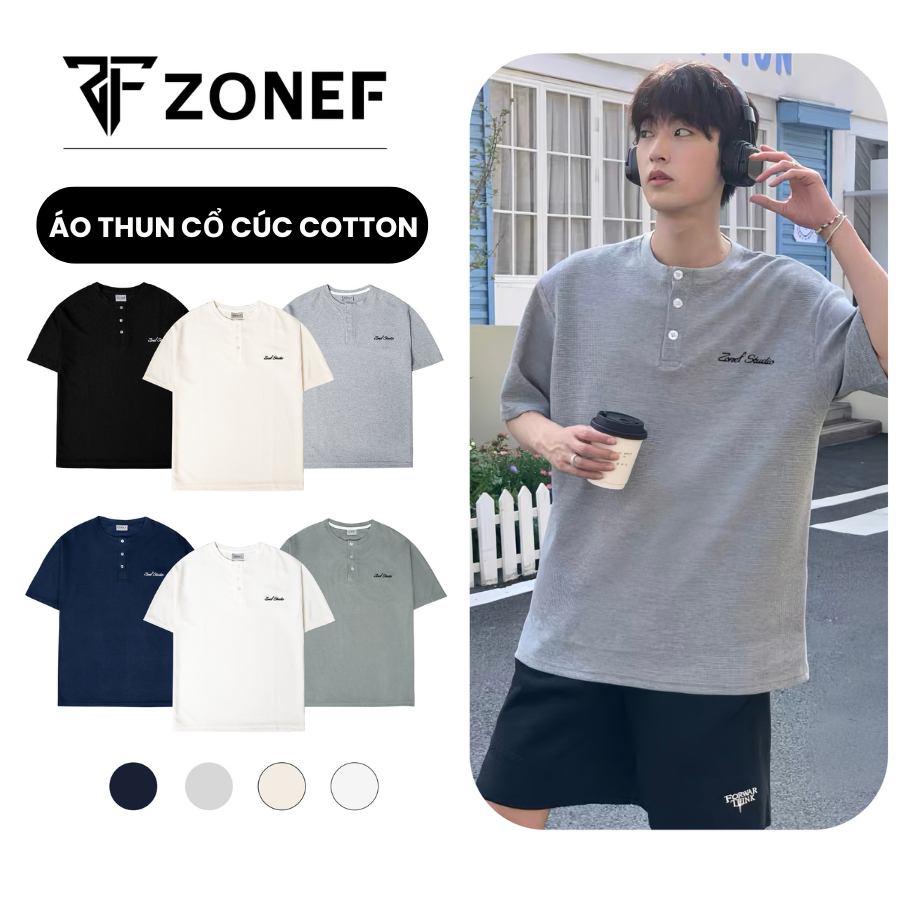 ZONF อย่างเป็นทางการผู้ชายปุ่มคอแขนสั้นเสื้อยืดผ้าฝ้ายวาฟเฟิลปกติรูปแบบ Cool ATC