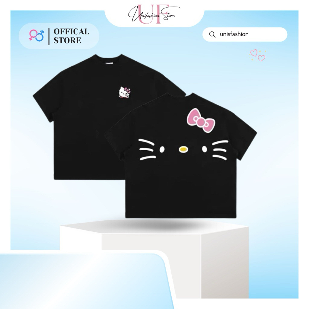 Big Boxy Local Brand UME เสื้อยืดหลวมแขนสั้นผ้าฝ้ายรอบคอผู้ชายผู้หญิงการ์ตูน "HELLO KITTY CAT "LV