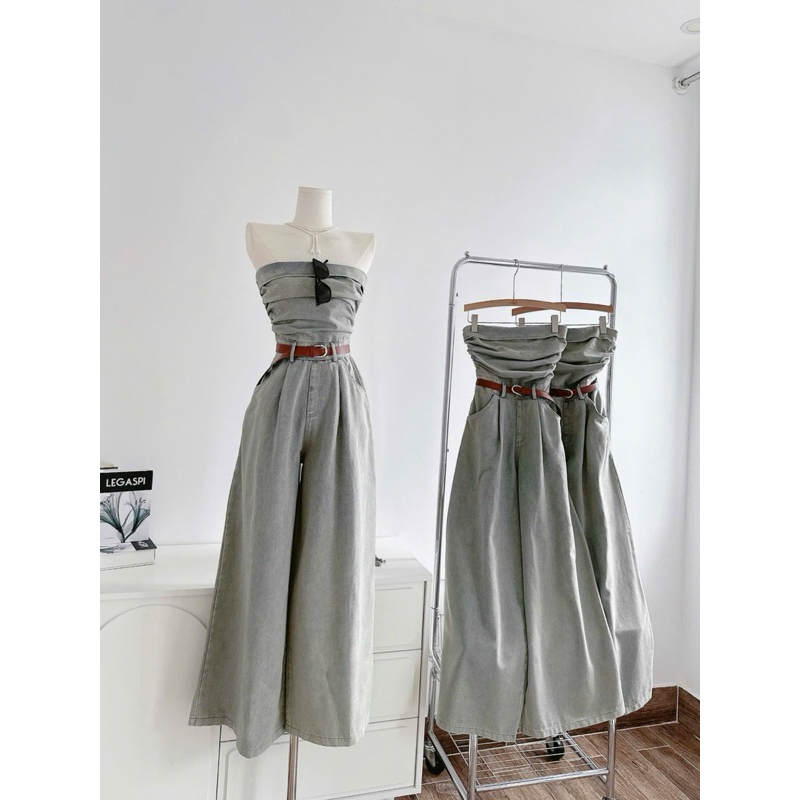 [ดอกไม้ทอค ]SP025045 รักกางเกงยีนส์เด็กนี้เลิศ ❤️ JUMPSUIT JEAN WASH ROLLED BREAST SMOKING BACK WITH