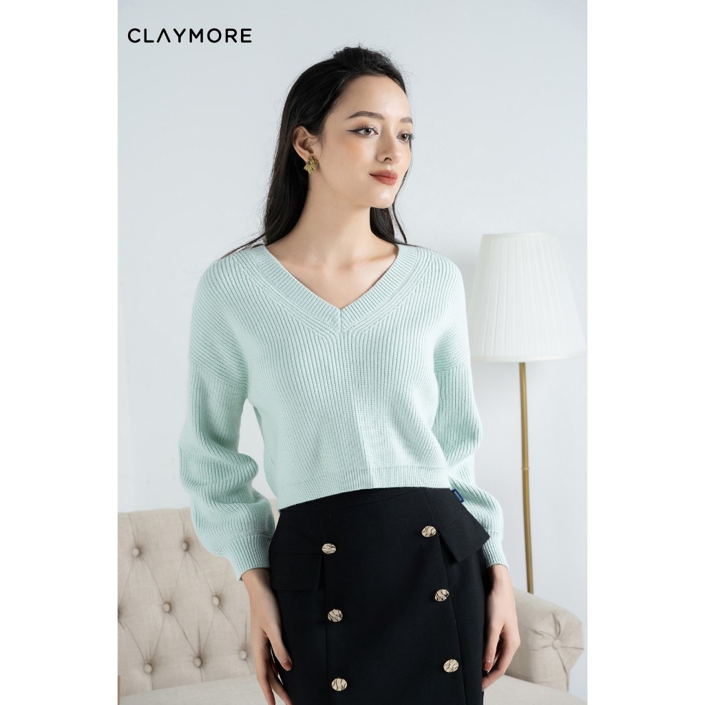 CLAYMORE MS C0621W1341LE เสื้อสเวตเตอร์คอวีแขนพัฟสั้นสําหรับผู้หญิงและทันสมัย
