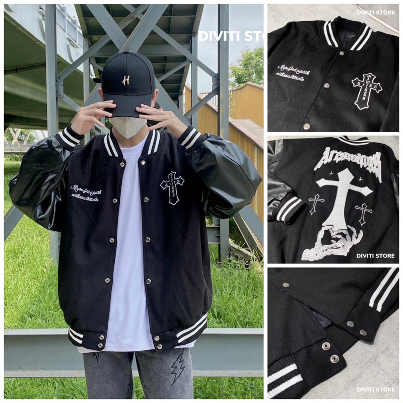Varsity Cross Bomber Jacket เสื้อแจ็คเก็ต MenZO สําหรับผู้ชาย/ผู้หญิง แขนผสมหนัง 2 ชั้น 2025