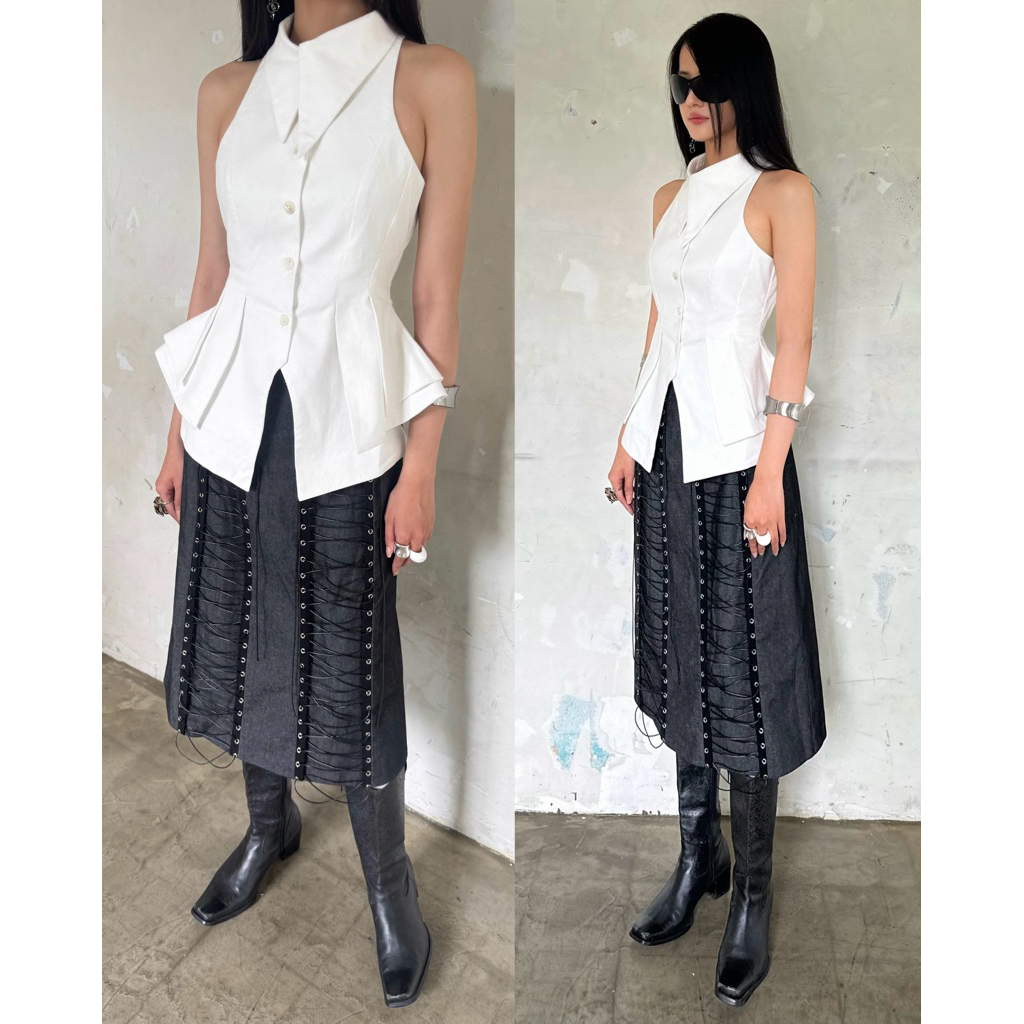 INTO.EIGHT เสื้อเชิ้ตแขนสั้นคอปกใหญ่ออกแบบ (AXIS TOP)