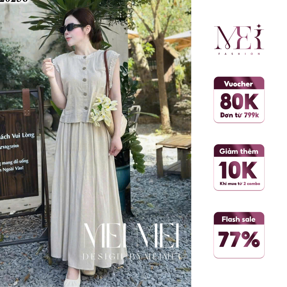 ชุดผู้หญิง Mei Mei เสื้อแขนกุดลายดอกไม้หรูหราผสมกระโปรงยาวคอนซีลเลอร์ Flattering ST20236 Ver3