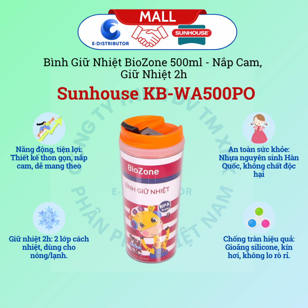 กระติกน้ําร้อน Biozone KB-WA500PO พร้อมฝาส้ม Sunhouse - สินค้าของแท้