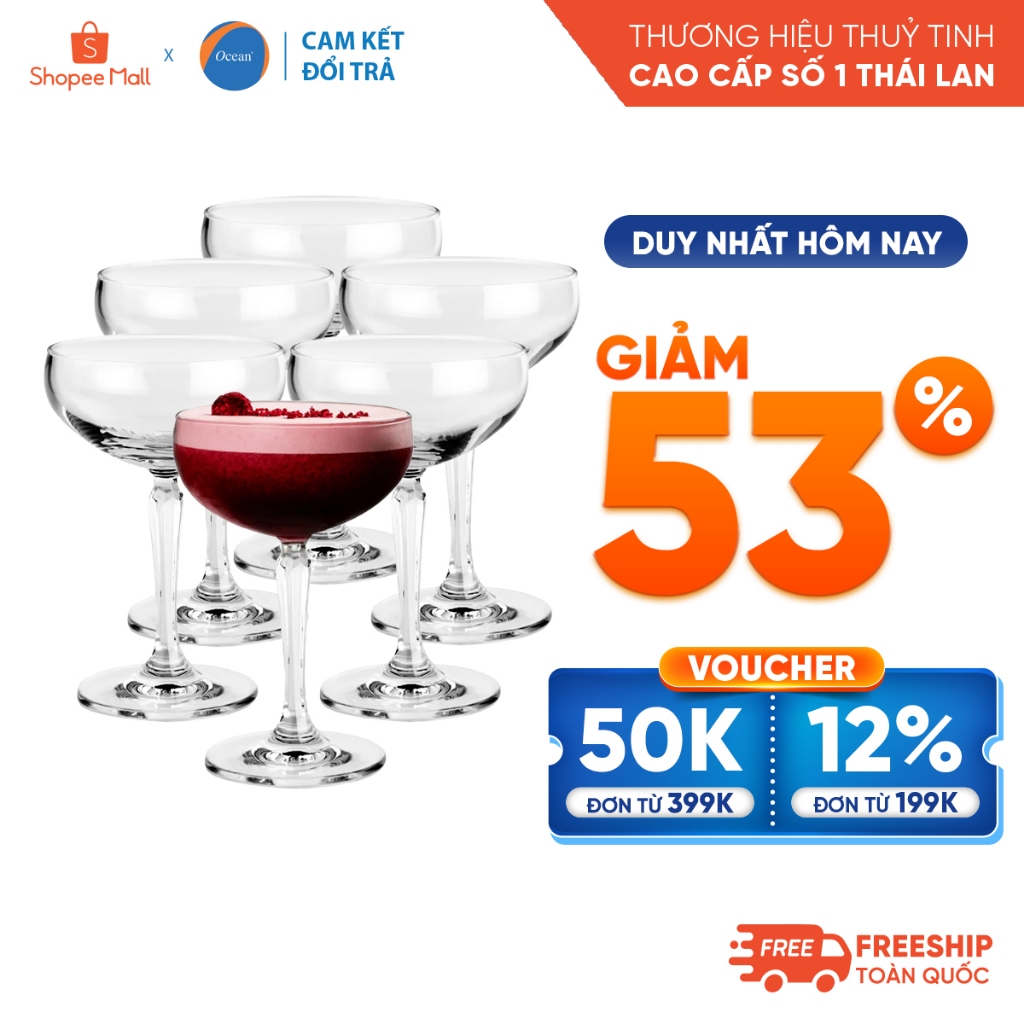 [ส่งคืนหากแตกหัก] ชุดถ้วยแก้ว Ocean Connexion Coupe 215ml 6 ชิ้น - ของแท้